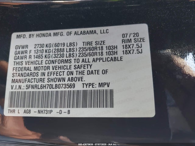 Honda j35y7 2020 5FNRL6H70LB073569 Image 9
