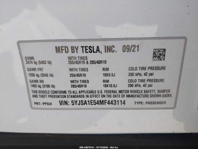 5YJSA1E54MF443114 Tesla 2021