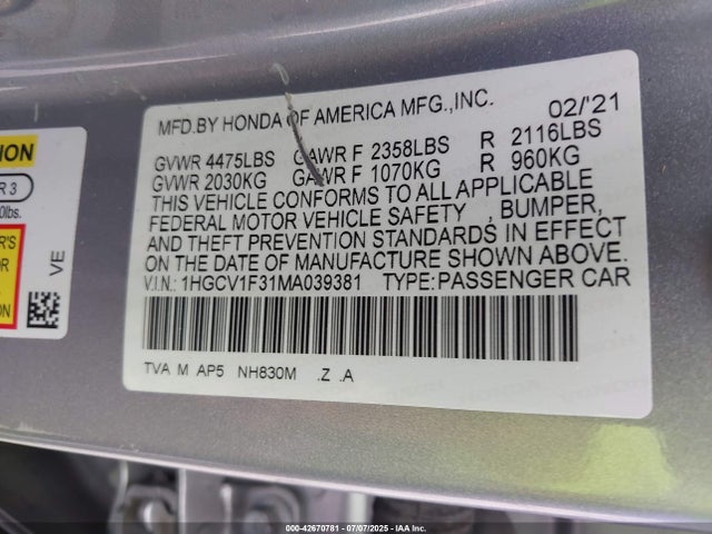 1HGCV1F31MA039381 Honda l15be