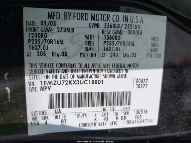 2003 FORD EXPLORER 1FMZU72KX3UC18801 Photo 8