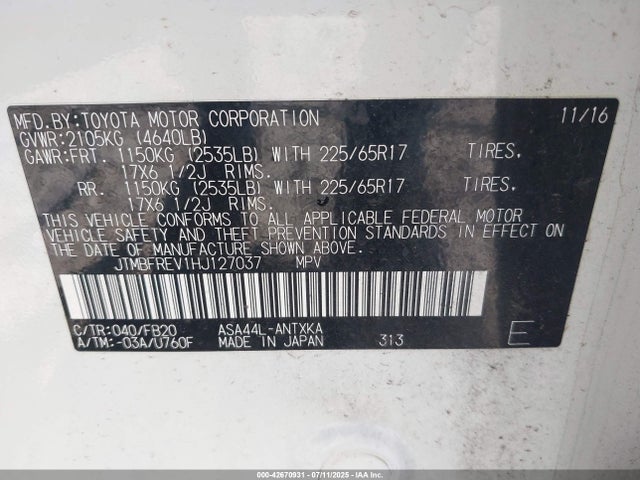 JTMBFREV1HJ127037 Toyota 2ar-fe