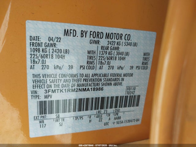 3FMTK1RM2NMA18986 Ford 2022