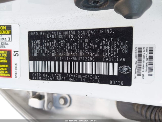 4T1B11HK5KU772289 Toyota a25a-fks