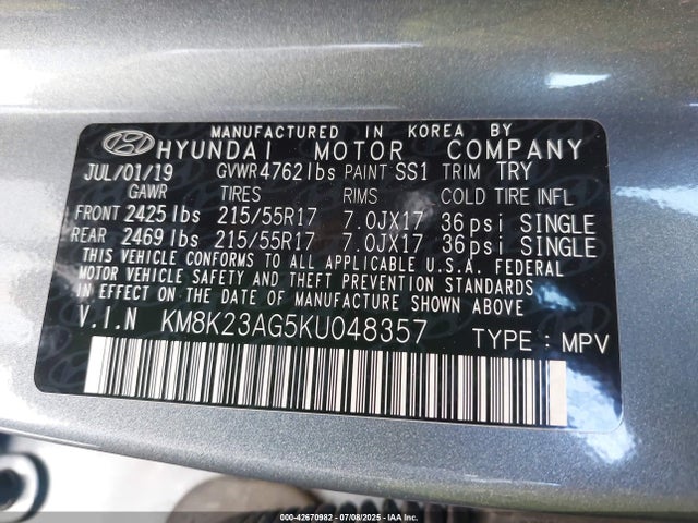 Hyundai hmc battery + traction motor 2019 KM8K23AG5KU048357 Image 9