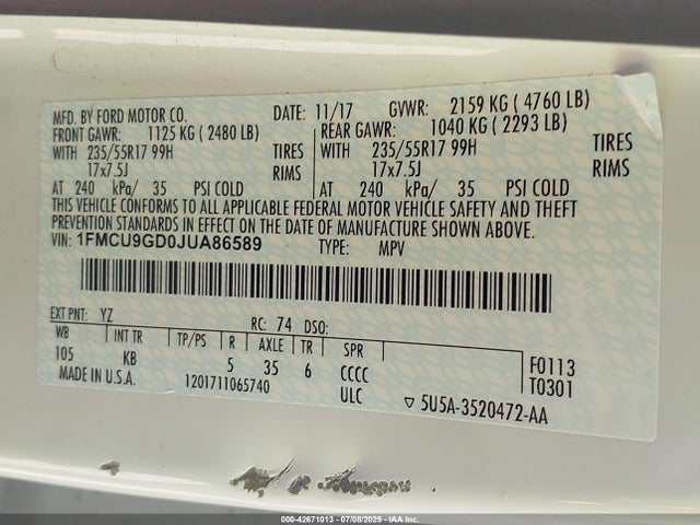 1FMCU9GD0JUA86589 Ford 1.5l gtdi sigma w/premium fuel