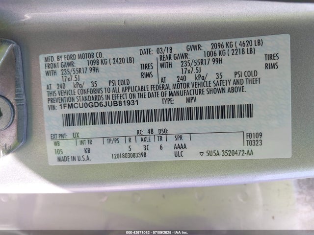 1FMCU0GD6JUB81931 Ford 1.5l gtdi sigma w/premium fuel