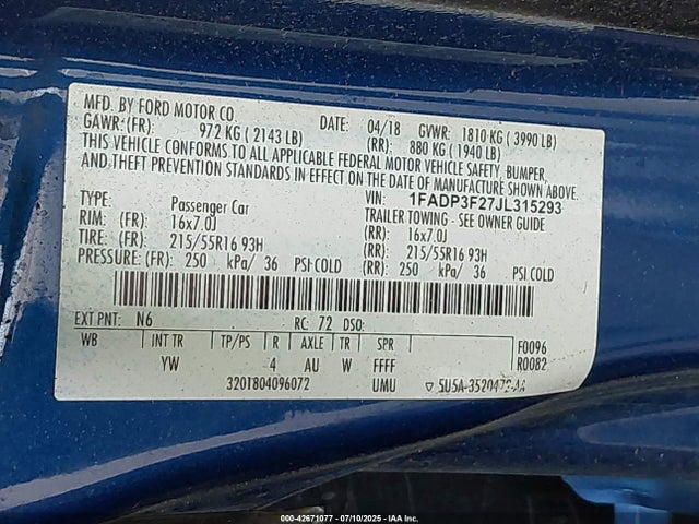 Ford 2.0l gdi 2018 1FADP3F27JL315293 Image 9