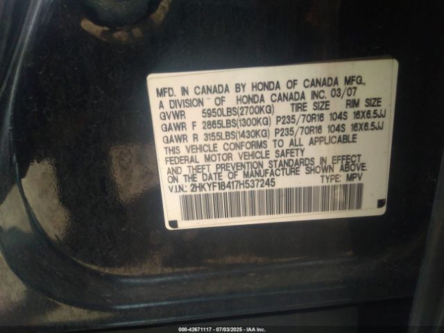 2007 HONDA PILOT 2HKYF18417H537245 Photo 8