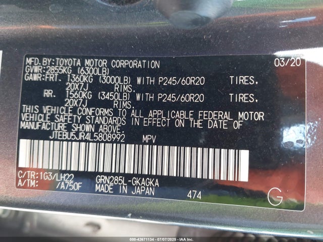 JTEBU5JR4L5808992 Toyota 1gr-fe