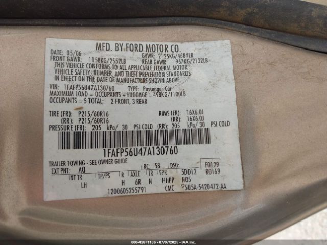 2007 FORD TAURUS 1FAFP56U47A130760 Photo 8
