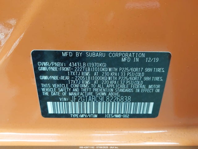 Subaru 2020 2020 JF2GTABC9L8226838 Image 9