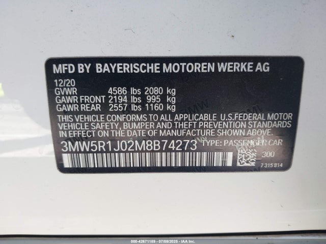 BMW 2021 2021 3MW5R1J02M8B74273 Image 9