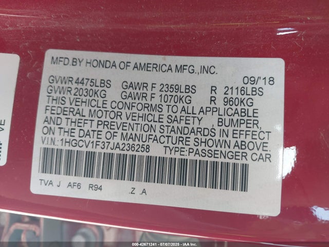 1HGCV1F37JA236258 Honda l15be