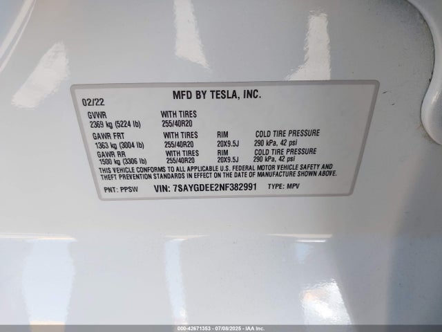 7SAYGDEE2NF382991 Tesla Model Y