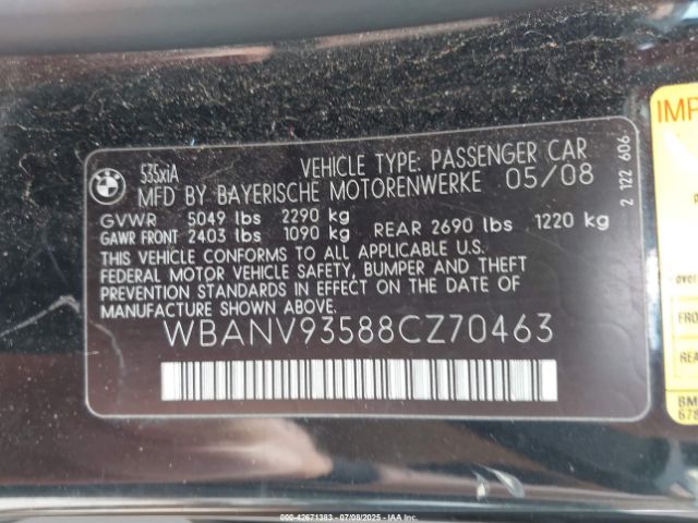 2008 BMW 535XI WBANV93588CZ70463 Photo 8
