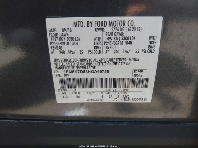 1FM5K7D83HGA99758 Ford 3.5l ti-vct
