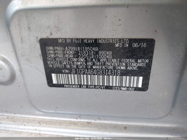 Subaru 2.0l na 2016 JF1GPAA64G8314318 Image 9