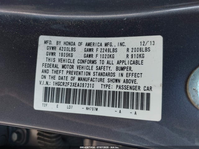 1HGCR2F3XEA097310 Honda k24w1