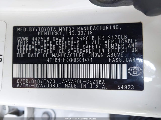 4T1B11HKXKU681471 Toyota a25a-fks