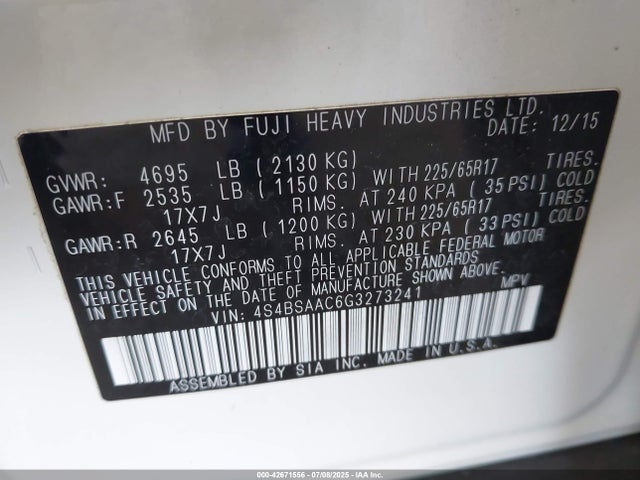 4S4BSAAC6G3273241 Subaru 2.5l u5