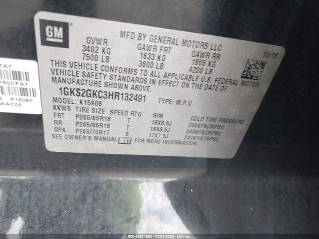 1GKS2GKC3HR132491 GMC l83 -sidi: spark ignited direct injection, vvt: variable valve timing, afm, e85 max, alum
