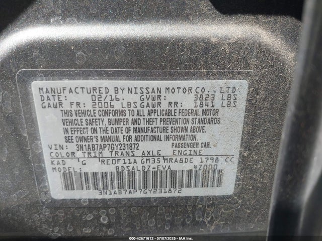 3N1AB7AP7GY231872 Nissan 2016