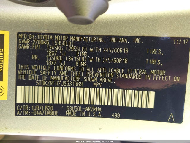 5TDKZRFH7JS531369 Toyota 2gr-fks