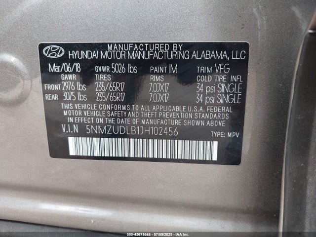 5NMZUDLB1JH102456 Hyundai gdi theta ii