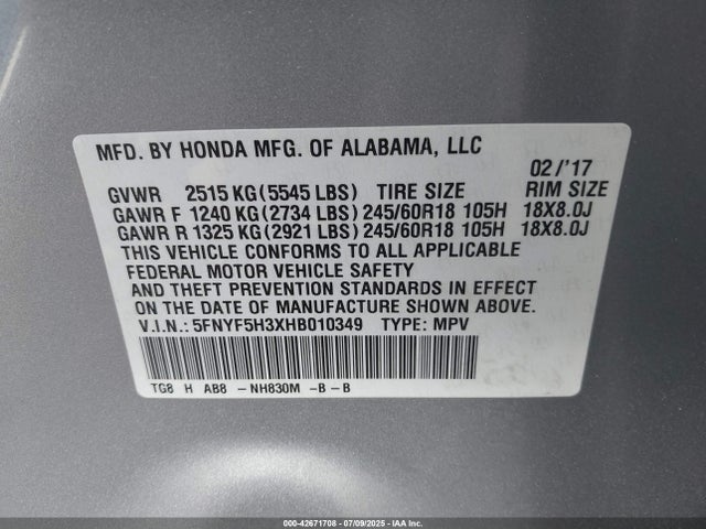 5FNYF5H3XHB010349 Honda j35y6