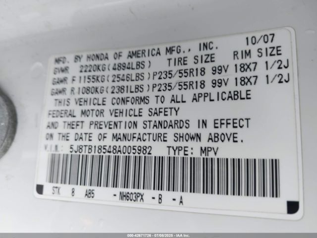 2008 ACURA RDX 5J8TB18548A005982 Photo 8