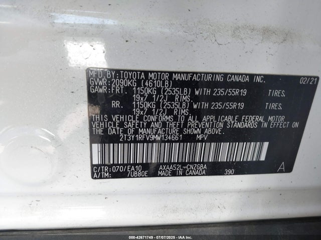 2T3Y1RFV9MW134661 Toyota a25a-fks
