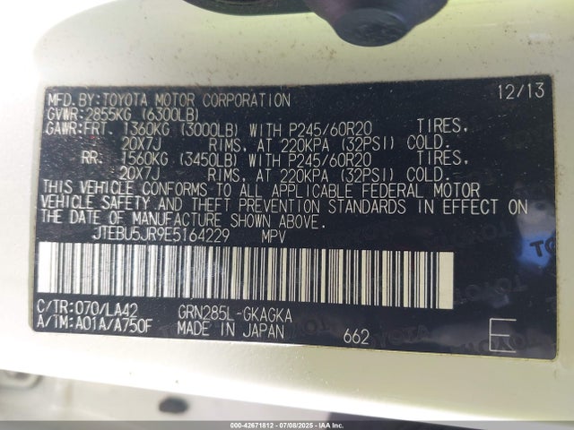 JTEBU5JR9E5164229 Toyota 1gr-fe