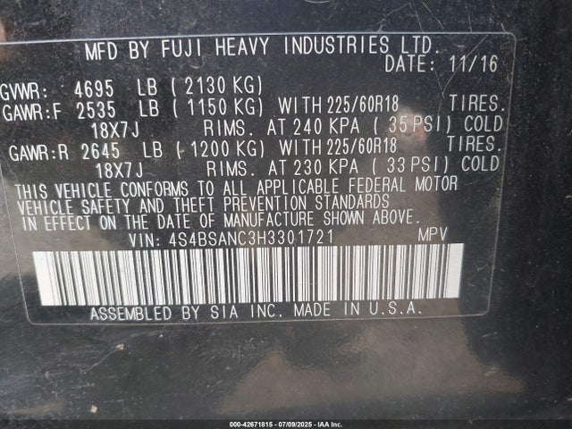 Subaru u5 2017 4S4BSANC3H3301721 Image 9
