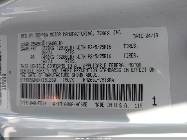 5TFRX5GN6KX151260 Toyota 2tr-fe