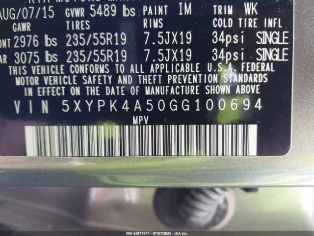 2016 KIA SORENTO 5XYPK4A50GG100694 Photo 8