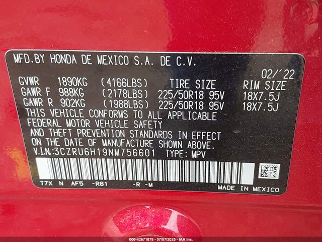 3CZRU6H19NM756601 Honda r18z9