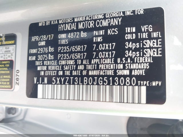 5XYZT3LB0JG513080 Hyundai gdi theta ii