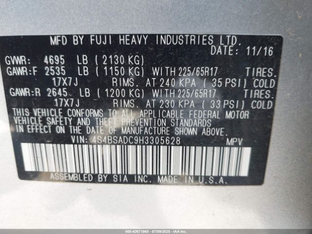 2017 SUBARU OUTBACK 4S4BSADC9H3305628 Photo 8