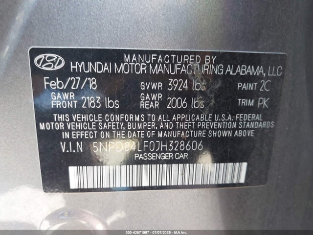 5NPD84LF0JH328606 Hyundai mpi nu