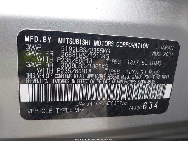 2022 MITSUBISHI OUTLANDER JA4J4TA8XNZ032255 Photo 8