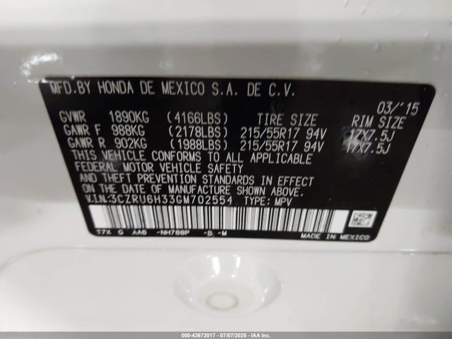 Honda r18z9 2016 3CZRU6H33GM702554 Image 9