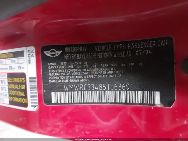 2005 MINI COOPER WMWRC33485TJ63691 Photo 8