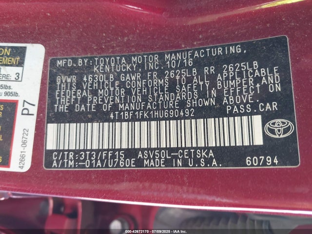 4T1BF1FK1HU690492 Toyota 2ar-fe
