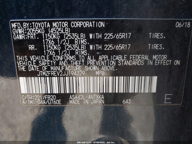 JTMZFREV2JJ194329 Toyota 2ar-fe