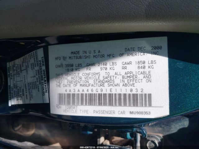 2001 MITSUBISHI GALANT 4A3AA46G91E111032 Photo 8