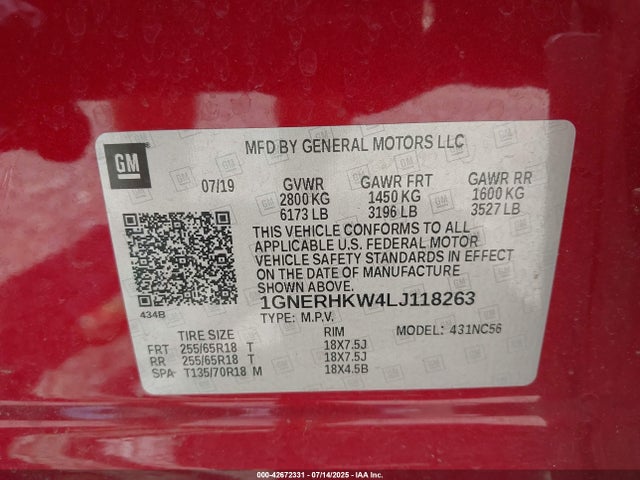 1GNERHKW4LJ118263 Chevrolet lfy - spark ignited direct injection, atss, gen 1