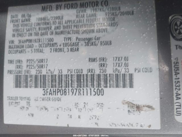 2007 FORD FUSION 3FAHP08197R111500 Photo 8