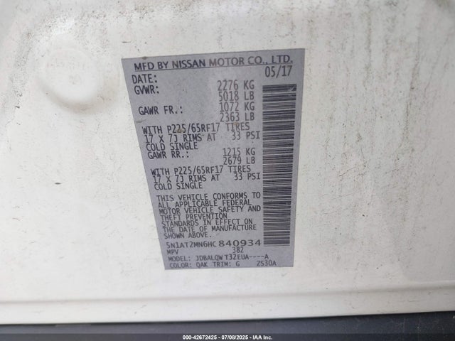 Nissan Rogue 2017 5N1AT2MN6HC840934 Image 9