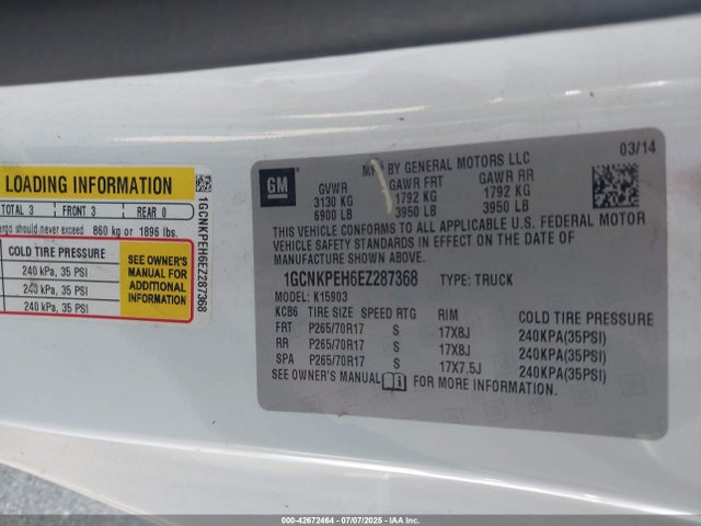 1GCNKPEH6EZ287368 Chevrolet lv3 - vvt, aluminum, e85 max