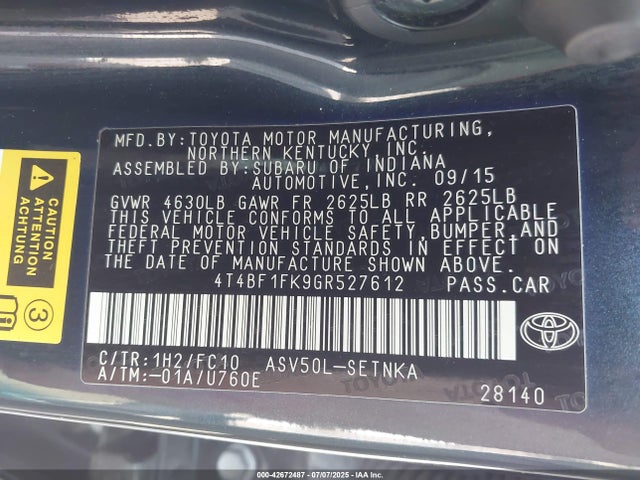 Toyota 2ar-fe 2016 4T4BF1FK9GR527612 Image 9